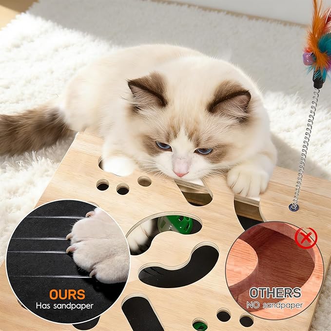 Cat Nail File Enrichment Box, cat Toys for Indoor Cats, Contains Sandpaper Inside,cat Toys for Bored Indoor Adult Cats, Multi-Layer Solid Wood cat Puzzle Toy