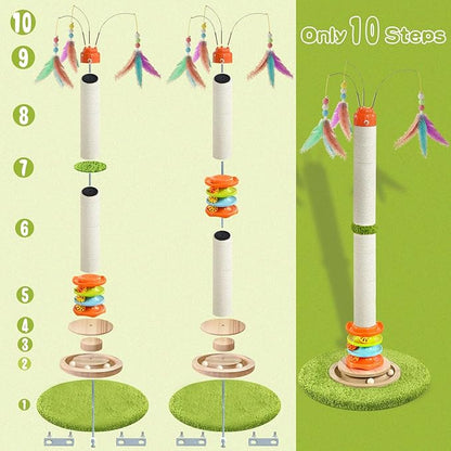 YARUOMY Cat Scratching Post，40'' Tall Cat Scratcher Tree Cat Toys for Indoor Cats with Cat Toys 4-Tier Roller Track，Automatically Rotating cat Teaser Wand，Hanging Balls for Kittens Adults Cats