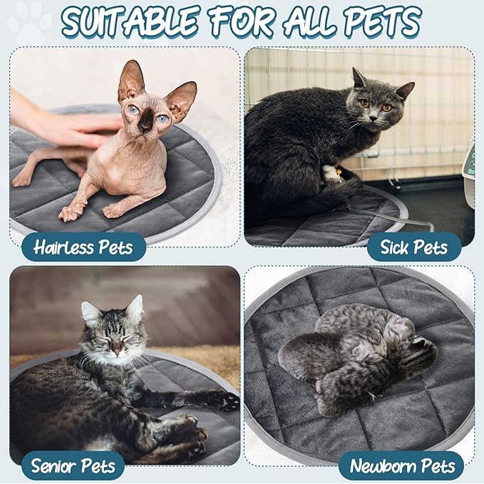 Drydiet 2 Pcs Self Warming Cat Mat Round Self Heating Pad Bed Reversible Machine Washable Heated Bed Anti Slip Warming Pad Pet Mat for Cat Crate Indoor Outdoor(Gray,14 Inch)