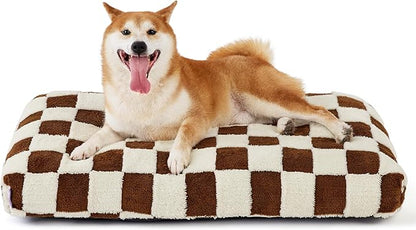 LE SURE Dog Beds Large Sized-Thick Shredded Chopped Foam Checkered Pet Bed as Gift for Indoor as Christmas Bed Gift with Removable Cover, Cute Modern Fuzzy Plush & Anti Slip Bottom, Brown