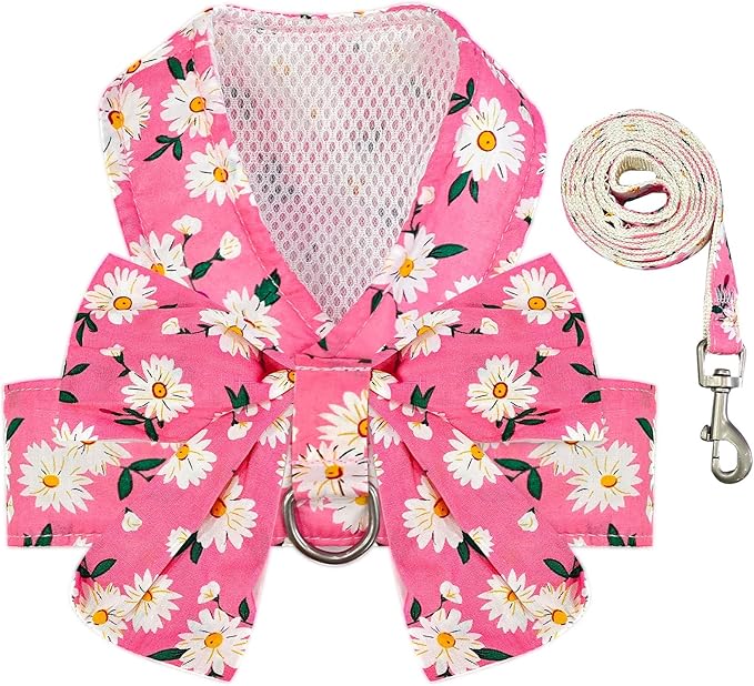 BAEJMJK Dog Harness and Leash Set with Bow Knot No Pull Pet Daisy Floral Harness with D-Ring Soft Mesh Dog Harness Vest Set Escape Proof Princess Puppy Harness for Small Girl Dogs Cats（Pink L）