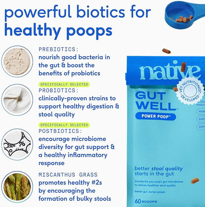 Native Pet GutWell Power Poop - Digestive Support & Fiber for Dogs - Promotes Healthy Stools, Supports Balanced Microbiome & Digestive Function - Triple-Biotic Blend & M-Fiber - 60 Scoops