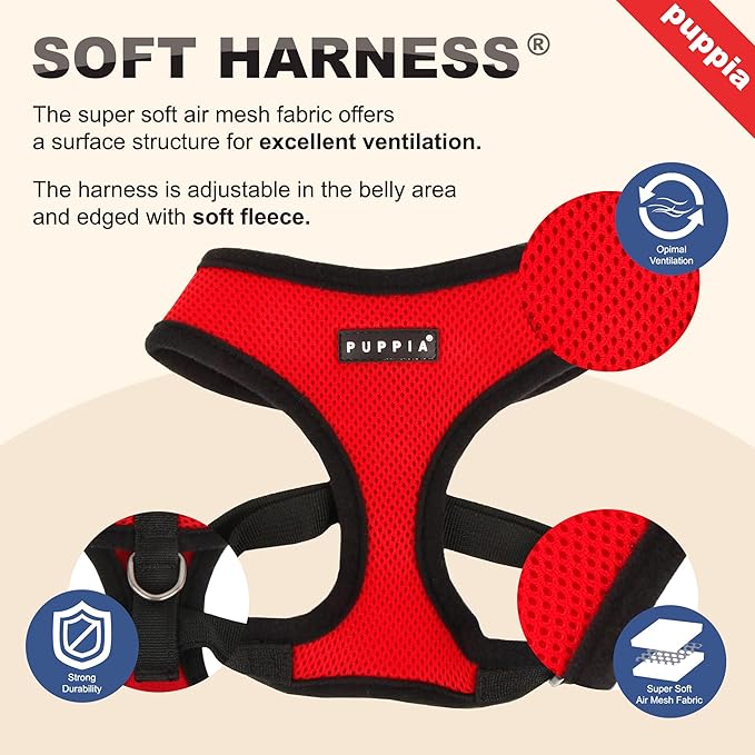 Puppia Soft Dog Harness No Choke Over-The-Head Triple Layered Breathable Mesh Adjustable Chest Belt and Quick-Release Buckle, Red, Large