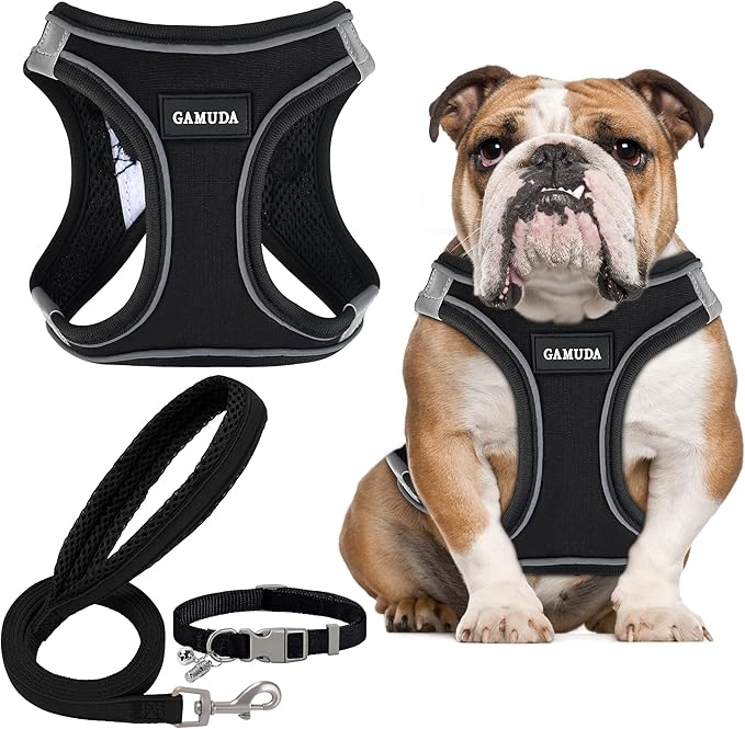 GAMUDA Small Dog Harness Collar and Leash Set, Step in No Chock No Pull Linen Fabric Soft Mesh Dog Vest Harnesses Reflective for Dogs Puppy Cats Kitten Rabbit (Black, L)