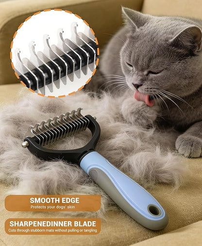 Double Sided Dematting Comb for Dogs & Cats - 2-in-1 Undercoat Rake & Double Coat Dog Brush, Pet Grooming Tool for Removing Mats & Deshedding (Blue)