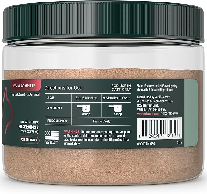 VetriScience Ultimate Strength Lysine Immunity Health Powder for Cats & Kittens, Supplement for Allergy & Nasal Support, Sneezing, Runny Nose & Watery Eyes, Chicken & Cheese Flavor, 60 Count -New Look