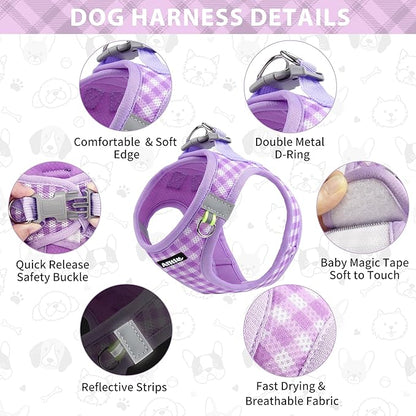 AIITLE Medium Dog Harness – Breathable Mesh with Plaid Design & Dual D-Rings – Secure Fit for Camping, Hiking & Daily Adventures (L, Purple)