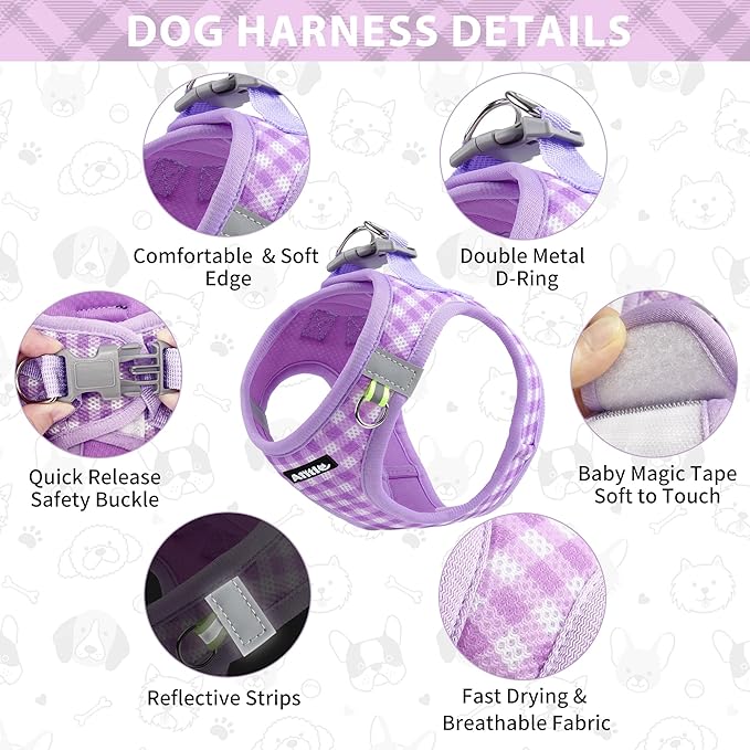 AIITLE Dog Harness and Leash Set, Reflective Adjustable Soft Mesh Vest with Plaid Print for Small Dogs – Breathable No-Pull Design for Daily Walks & Outdoor Adventures (XXS, Purple)