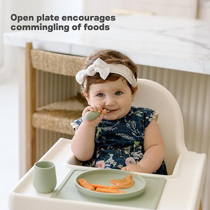 ezpz Tiny Plate (Blush) - 6 Months+ - 100% Silicone Suction Placemat + Plate for Infants - Fits on Most Highchair Trays - Baby Led Weaning Supplies