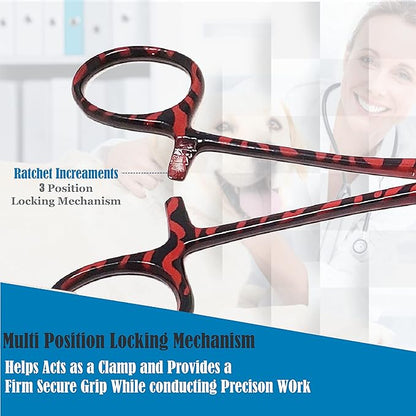 Dog Pet Ear/Nose Hair Puller Grooming Hemostat Locking Forceps Curved Pliers, 5.5" (14cm) Full Serrated Clamps Stainless Steel (Red Candy Swirls)