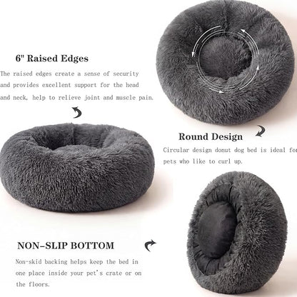 Calming Donut Dogs Beds for Small Dogs Washable,23inch Plush Round Pet Bed for Cozy Sleep,Fluffy Faux Fur Large Cat Bed,Fits up to 25 lbs Pets,Dark Grey