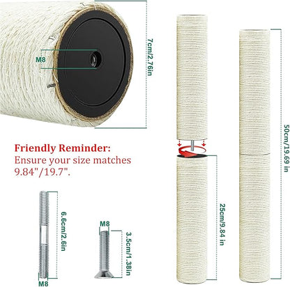 Cat Tree Replacement Post, 4 Pack 9.84in Cat Scratching Post Replacement Poles with M8 Screws, Natural Sisal Cat Tower Parts, Connectable to 19.7in/39.4in for Cat Tree Repair & Extension