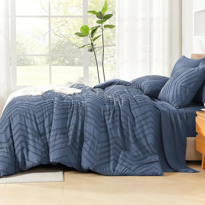 Litanika Super King Size Comforter Set with Sheets Ocean Blue - 7 Pieces Bed in a Bag Oversized King Boho Tufted Complete Bedding Sets with Comforter, Sheets, Pillowcases & Shams