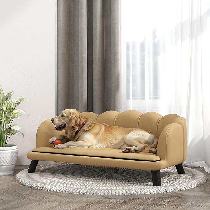PawHut Velvet Large Dog Couch with Foam Cushion, Soft and Cute Dog Bed with Pearl Design, Pet Sofa for Big and Medium Breeds, Coffee