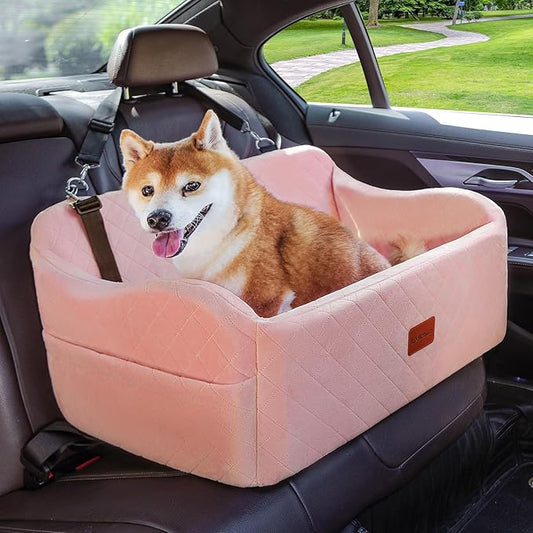 Lealchum Dog Car Seat for Medium/Large Dogs,2 Clip-On Safety Leashs for 2 Small Dogs,Removable and Washable Comfy Pet Car Seat,Easy to Install and Clean (Pink, Large)