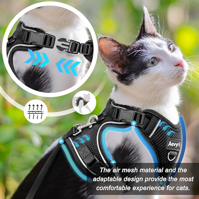 Cat Harness, Cat Harness and Leash for Walking, Adjusted in Four Directions and Breathable Cat Harness for Anti Escape that can be Fitted and Positioned, Reflective Strips Harness, Black, L