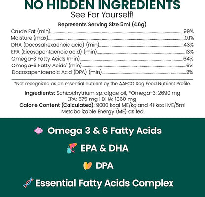 Vegan Omega 3 Oil for Dogs - 4 oz of Fish Free Algae Oil for Healthy Skin and Coat - Made with Omega 3 and 6 Fatty Acids, EPA, DHA, and DPA - Made in the USA