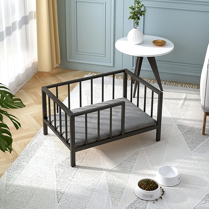 OSCHF Dog Bed with Rails - Elevated Pet Metal Bed Frame with Solid Wood Board and Washable Soft Mat for Small Dog Indoor or Outdoor Use, 21.3" x 30", Black