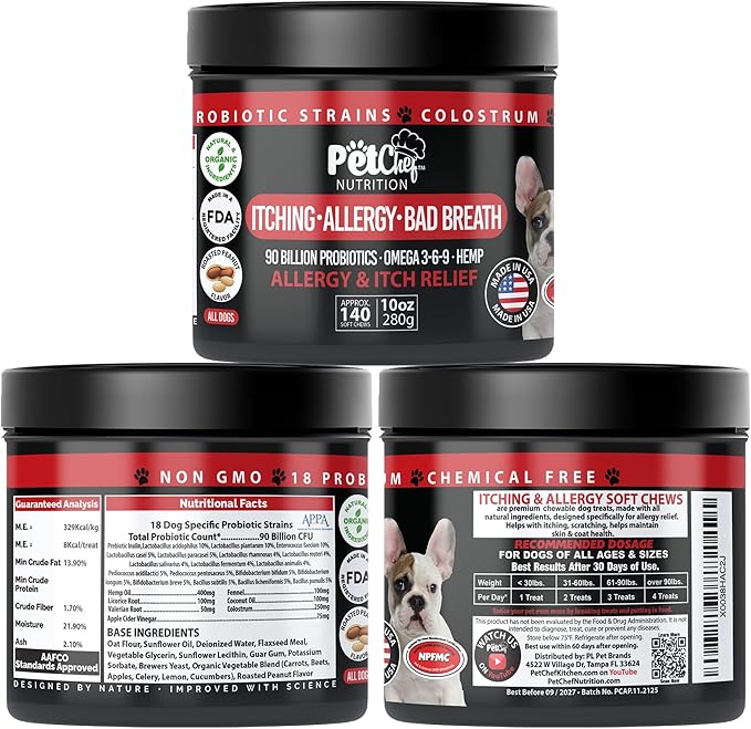 Pet Chef Dog Allergy Chews 140 Soft Chews with Salmon Oil, Omega 3 & Probiotics Natural Supplement for Itch Relief, Immune Support & Healthy Skin & Coat (Peanut Butter)