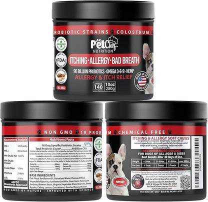 Pet Chef Dog Allergy Chews 140 Soft Chews with Salmon Oil, Omega 3 & Probiotics Natural Supplement for Itch Relief, Immune Support & Healthy Skin & Coat (Peanut Butter)