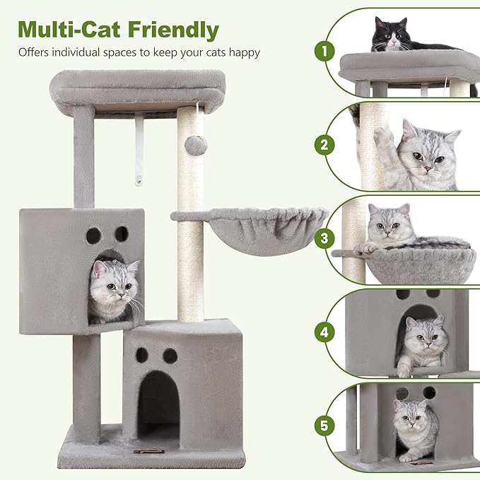 Small Cat Tree Tower for Indoor Cats, 40 in Medium Compact Adults Cat Beds Trees with 2 Condos, Sisal Scratching Post, Large Perch Platform, Multi-Level Kitty Kitten Climbing Stands House(Light Grey)