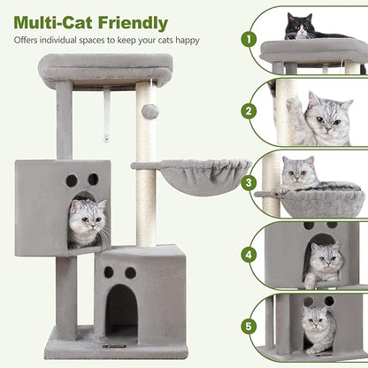 Small Cat Tree Tower for Indoor Cats, 40 in Medium Compact Adults Cat Beds Trees with 2 Condos, Sisal Scratching Post, Large Perch Platform, Multi-Level Kitty Kitten Climbing Stands House(Light Grey)