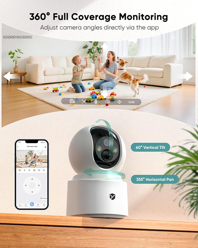 Battery Powered pet camera,true Wireless Indoor Camera, 4MP 2.5K WiFi Camera with Color Night Vision, 355° Pan Tilt, Motion Detection, 2-Way Audio, Dog/Cat/Kids/Baby/Pet Monitor & home security