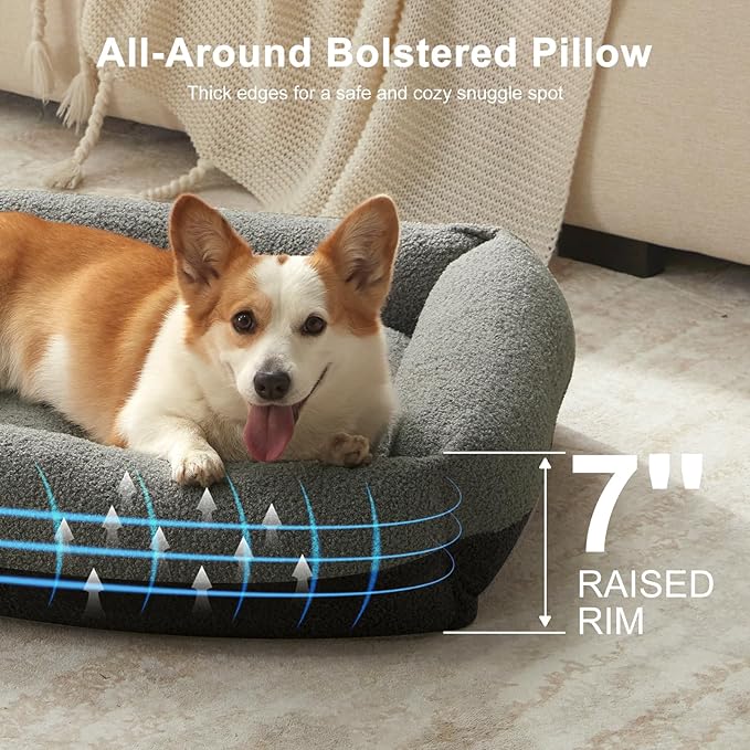 FURTIME Washable Dog Bed Medium Size Dogs, Rectangle Comfy Fluffy Small Dog Bed, Removable Zipper Cover Machine Wash, Orthopedic Bed Durable Pet Cuddler with Anti-Slip Bottom, 25x21x7 in, Dark Grey