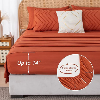 Litanika Full Size Comforter Set with Sheets Burnt Orange - 7 Pieces Bed in a Bag Full Terracotta Boho Tufted Complete Bedding Sets Rust Bed Set with Comforter, Sheets, Pillowcases & Shams