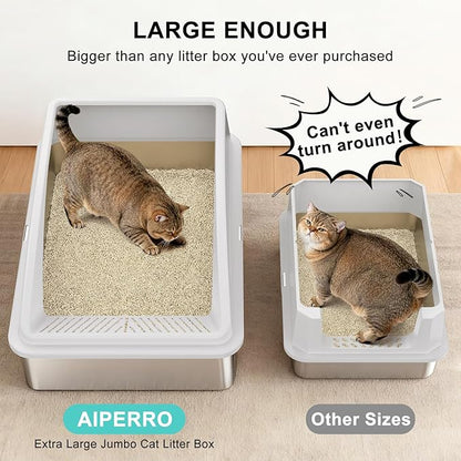 AIPERRO Stainless Steel Litter Box Extra Large for Big Cats and Multi-Cats | Jumbo Extra Large Metal Cat Box with High Sided Lid, Anti-Urine Leakage, Non-Stick,Include Litter Scoop
