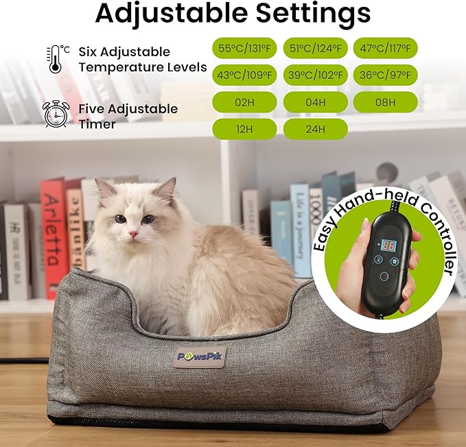 PAWSPIK Heated Cat Bed, Heated Dog Bed for Pets Indoor, Electric Pet Bed Warmer for Cats and Dogs (Charcoal and Ivory)