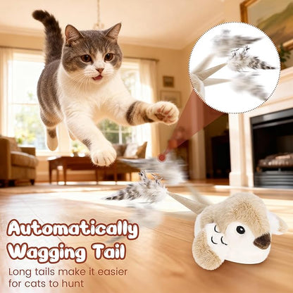 Pawingcat Moving Cat Toy Automatic Cat Toys Interactive Bird Cat Toy with Catnip Toys Wagging Tail Chirp Tweet Rechargeable Interactive Kitten Toy（No Flying Bird）