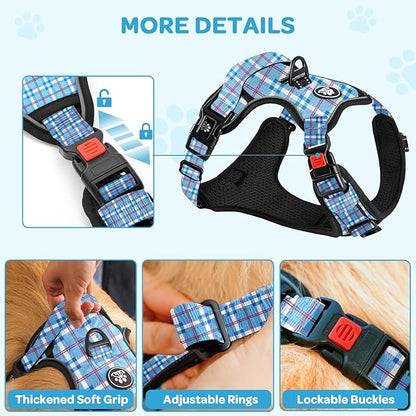 FURRYFECTION Plaid Dog Harness for Large Dogs, Reflective No Pull Adjustable Pet Vest with Front Clip, Leash, Easy Control Handle and Seat Belt, Blue&White, XL