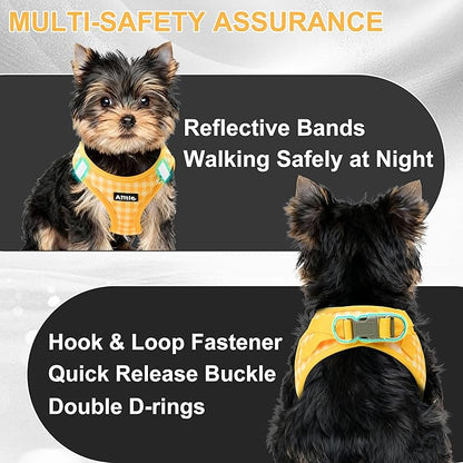AIITLE Adjustable Dog Harness and Leash Set, Step in No Pull Pet Harness, Soft Mesh Reflective Plaid Vest Harnesses for Small Dogs Puppy and House Cats Outdoor Walking Running Yellow XS