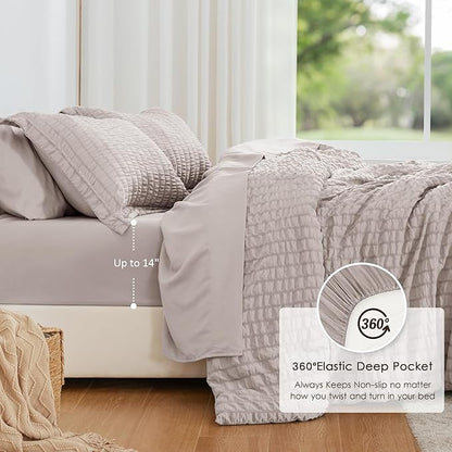 Love's cabin Seersucker Burlwood Queen Comforter Set, 7-Piece All Season Lightweight Bed in a Bag Bedding Set with Comforter, Flat Sheet, Fitted Sheet, Pillowcases and Shams | Soft, Breathable, Lightweight