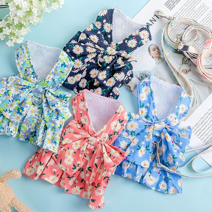 Sanwuta 4 Pack Harness Dog Dress Bowknot Leash Set Floral Princess Dog Harness Dress Vest with Leash Pet Doggy Outfits for Outdoor Walking, 4 Colors(Small)