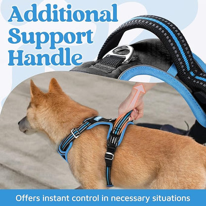rabbitgoo Dog Harness for Large Dogs, No Pull Pet Vest with 3 Buckles, Adjustable Soft Padded Pet Harness with Easy Control Handle and Reflective Strips, Black & Sky Blue, L