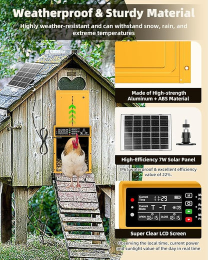 Automatic Chicken Coop Door Solar Powered, Pet Deluxe Chicken Door with Programmable Timer & Light Sensor, Anti-Pinch Safety, 7W Solar Panel, Aluminum Alloy with 10 Wire Clips Solar Chicken Door-Gold