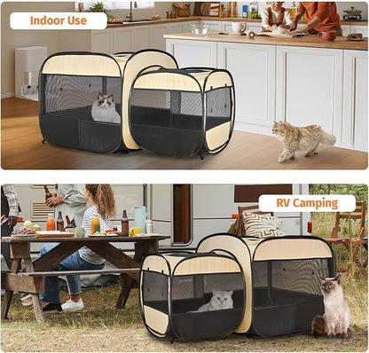 EighteenTek® 2-in-1 Portable Cat Playpen(End Doors), Pop up Kitten Playpen, Assembly-Free, Pet Tent Crates Kennel Cage Enclosure for Dog Puppy Indoor Outdoor(Beige)(No Divider, Unified Space)