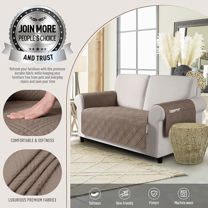 TAOCOCO Waterproof Loveseat Covers for Pets Dogs with Non Slip Backing, Sofa Seat Covers with Pocket for 2 Cushion Couch Washable Dog Couch Cover Protector Sofa Slipcovers(Loveseat Plus, Taupe)