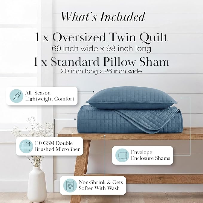Southshore Fine Living, Inc. Twin Size Quilts, Microfiber Quilt, Lightweight Bedspread & Coverlet Sets, Pet Hair Resistant Bedding, XLTwin Quilt Coverlet with Pillow Sham, Coronet Blue Bedding