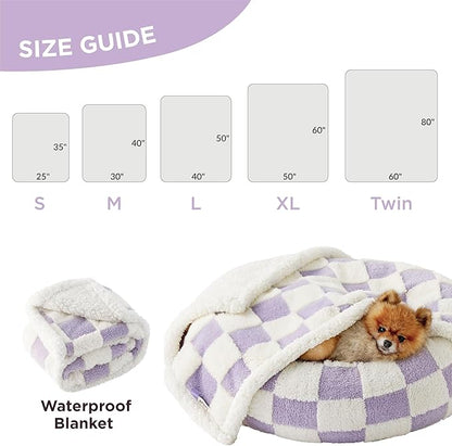 LE SURE Waterproof Dog Blanket for Large Dogs - Washable Double Sided Dog Blankets with Warm Jacquard Shag and Soft Sherpa Fleece, Pet Cat Blanket for Bed Couch Protection, 3D Textured Checks, Purple