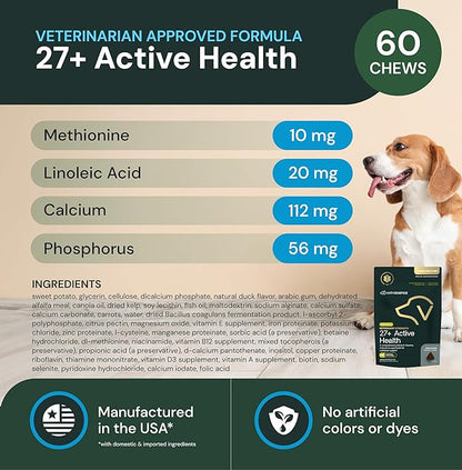 VetriScience Veterinary Strength 27+ Active Health Chews - Comprehensive Dog Multivitamin for Dog Health & Wellness - Digestive Support - Duck Flavor - 60 Count