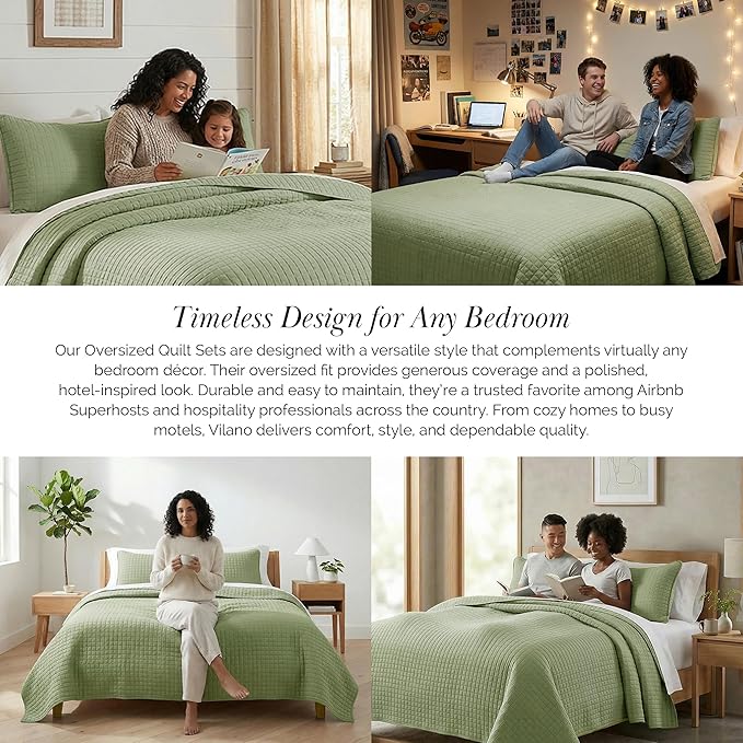 Southshore Fine Living, Inc. Twin XL Comforter Quilt Set, Dorm Room Bedding Essentials, Stain Resistant, Machine Washable Bed Spread, Twin XL Green Quilt Bedspread Set w/Pillow Sham, Sage Green