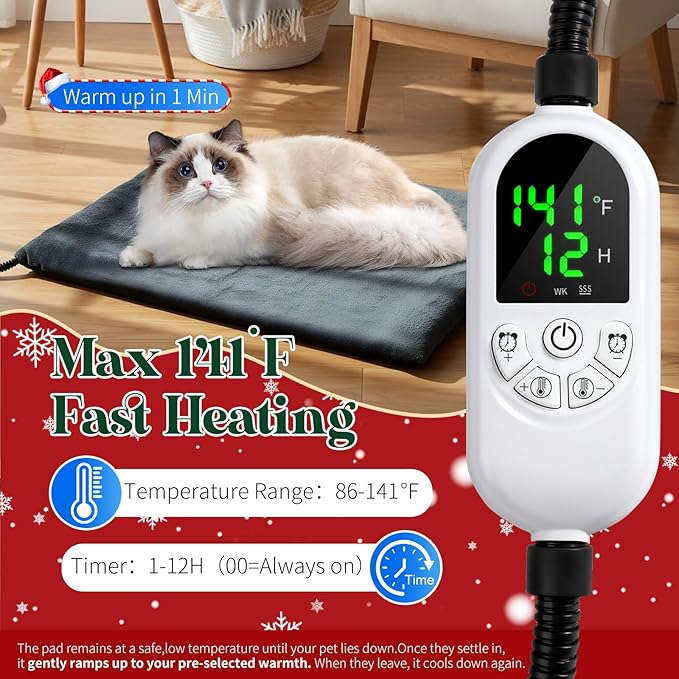 Pet Heating Pad 18x28 Inch, Safe Heated Pad for Dogs and Cats with 12 Level Timer