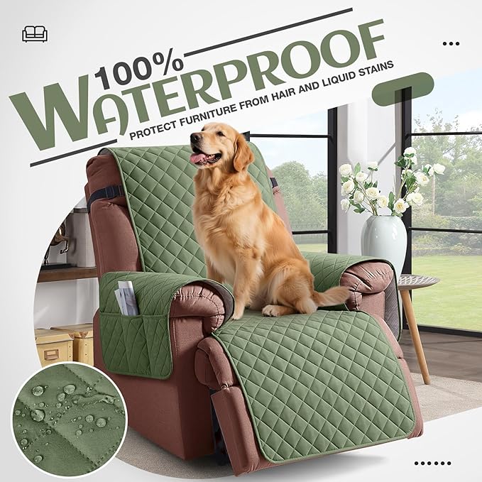 KinCam 100% Waterproof Recliner Chair Cover, Reclining Couch Covers for Pets, Dogs, Recliner Couch Slipcover Furniture Protector with Elastic Straps for Kids(28", Cactus Green)