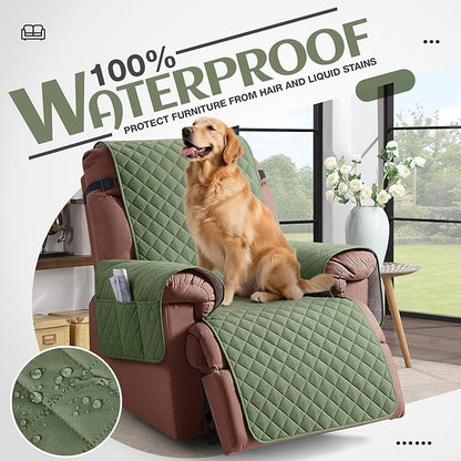 KinCam 100% Waterproof Recliner Chair Cover, Reclining Couch Covers for Pets, Dogs, Recliner Couch Slipcover Furniture Protector with Elastic Straps for Kids(25", Cactus Green)