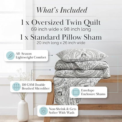 Southshore Fine Living, Inc. Farmhouse Bedding Quilt Set, Twin XL Coverlet, Oversized Quilt, Summer Coverlet, Lightweight Bedspread 2-Piece Set with One Matching Pillow Sham, Twin/XL Quilts, Black