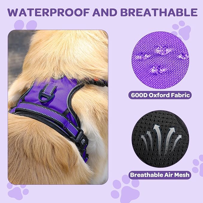 FURRYFECTION Plaid Dog Harness for Large Dogs, Reflective No Pull Adjustable Pet Vest with Front Clip, Leash, Easy Control Handle and Seat Belt, Purple, L