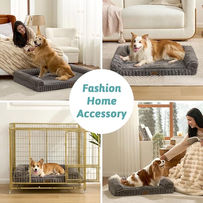 COZY KISS Cute Dog Bed for Medium Dogs, Faux Rabbit Fur Orthopedic Foam Dog Bed with Sides, Removable Washable Cover & Waterproof Lining, Comfortable Pet Couch, Grey (36" L x 27" W x 6.5" Th)
